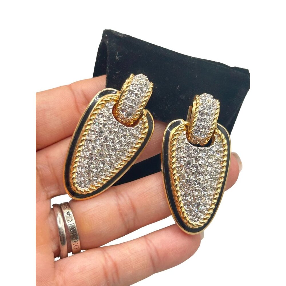 Swarovski Swan Signed Statement Clip Earrings Crystals Pave Gold & Black Enamel